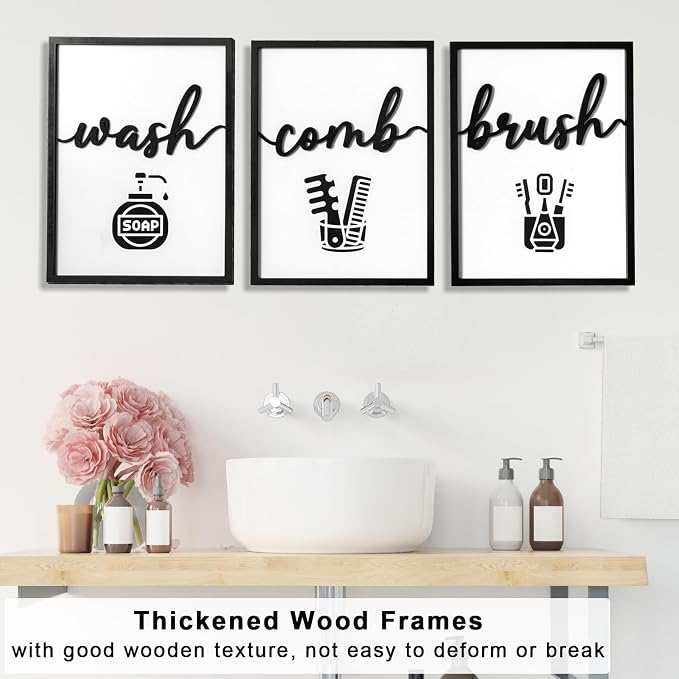 3D Wood Funny Bathroom Wall Art, Framed Black and White Bathroom Pictures Wall - Image 4