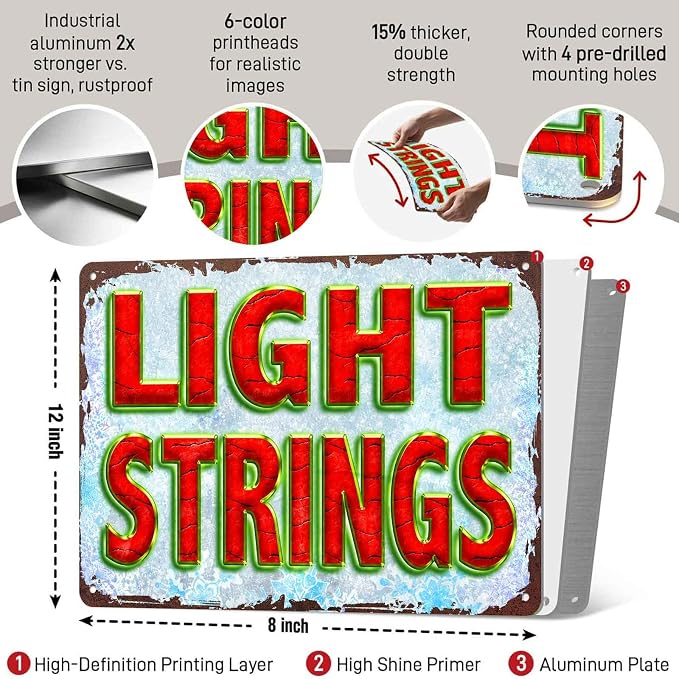 Light Strings Metal Sign 8x12 Inch, Funny Aluminum Wall Decor - Image 3