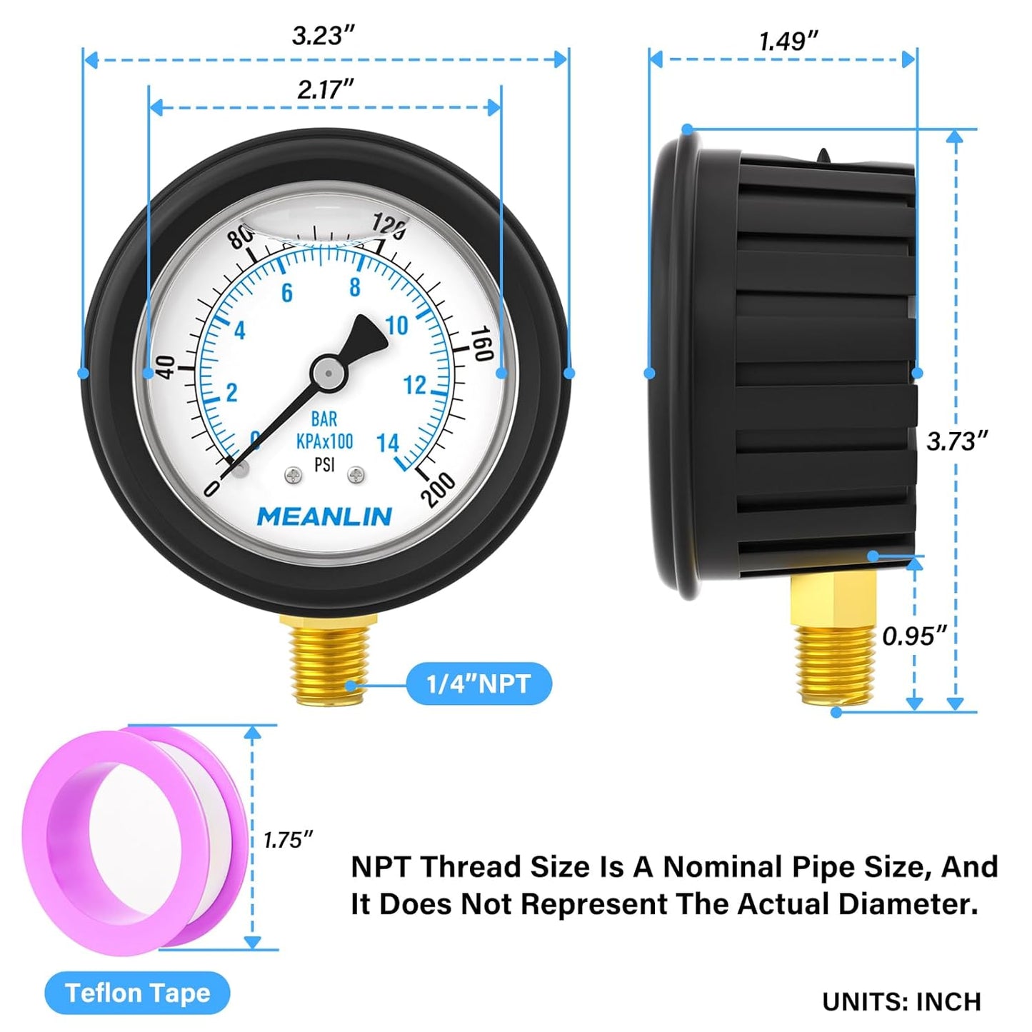 MEANLIN MEASURE 0~200Psi Stainless Steel Liquid Filled Pressure Gauge 1/4" NPT 2.5" FACE DIAL with Rubber Protective Sleeve, Lower Mount