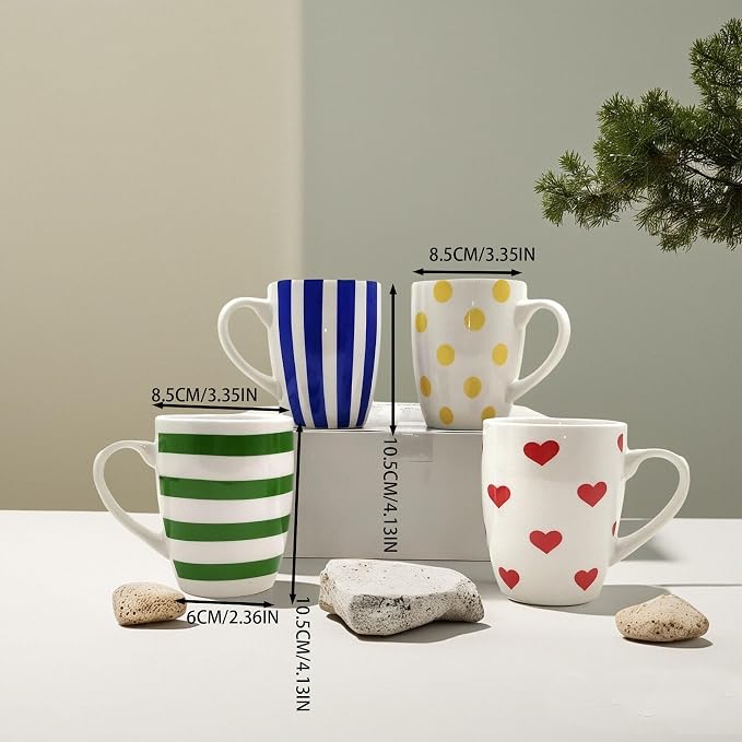 Colorful Porcelain Mug Set of 4 Include Stripes, Polka Dot & Heart Ceramic - Image 3