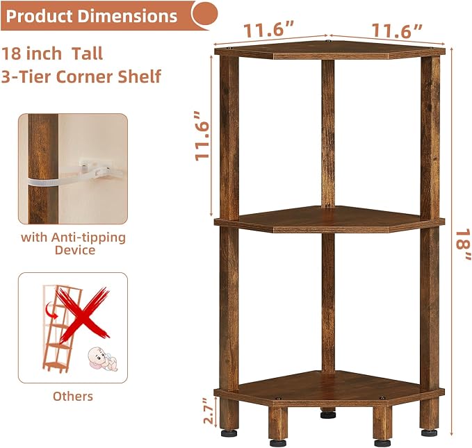 YUFAM 3-Tier Corner Shelf with Sturdy 5-Leg Base, Wooden Corner Bookshelf - Image 3