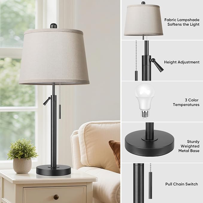 PARTPHONER Bedside Table Lamps Set of 2, Tall Black Table Lamps - Image 7