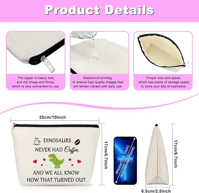 Coffee Lovers Gifts for Women Makeup Bag Funny Coffee Gifts Dinosaur Lover Gift - Image 2