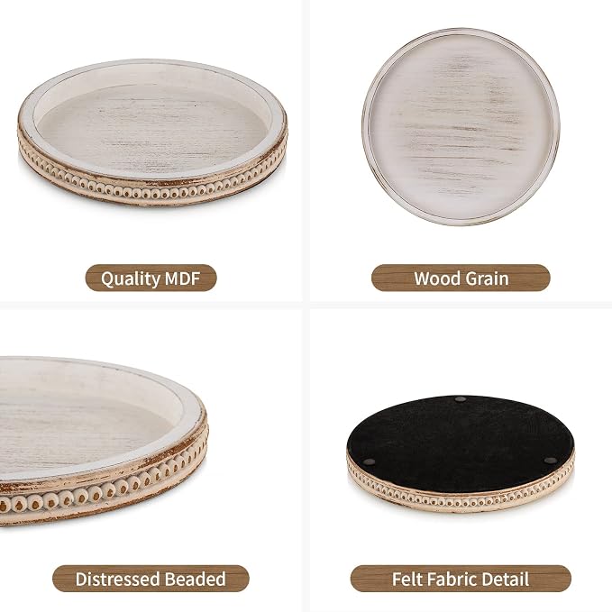 Hanobe Decorative Tray for Coffee Table: 10.5-Inch Round Whitewashed Wood Tray - Image 5