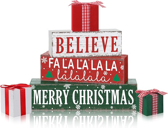 Geelin 4 Pieces Merry Christmas Wooden Table Decorations Xmas Wood Gift Boxes by Geelin