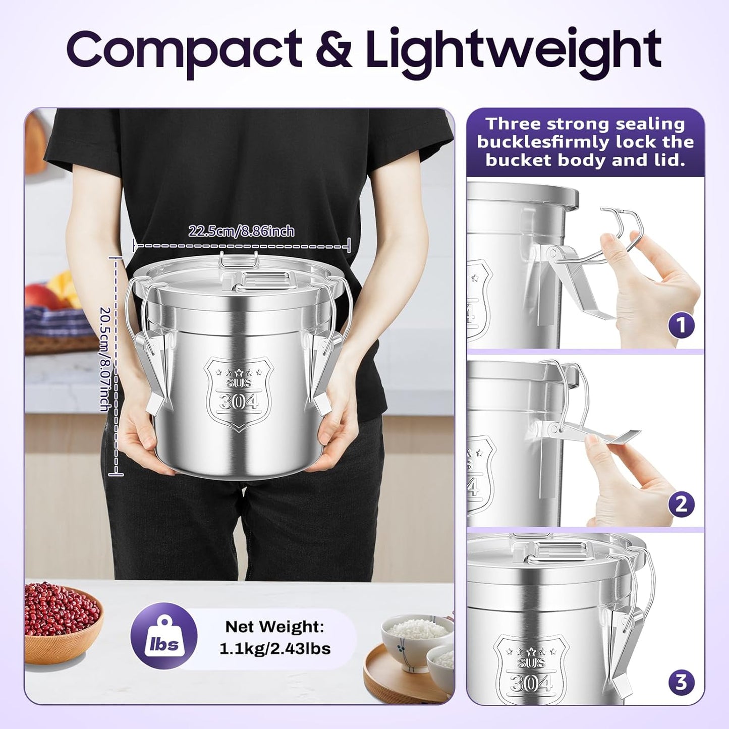 202 OZ Stainless Steel Canister Rice Cereal Grain Storage Containers with Lid Airtight Coffee Bean Storage Milk Flour Sugar Food Storage for Home Bar Restaurant (6L/202 OZ)