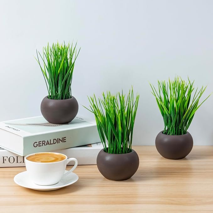 MyGift 7 Inch Tall Modern Mini Artificial Grass Plants in Small Round Brown - Image 2