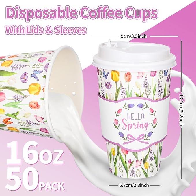 Whaline 50 Pcs Spring Tulip Floral Disposable Coffee Cups - Image 2