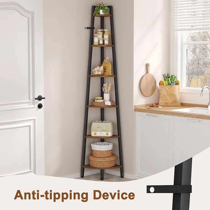 Hoctieon Corner Shelf, 6-Tier Corner Bookshelf, Rustic Ladder Shelf, Industrial - Image 5