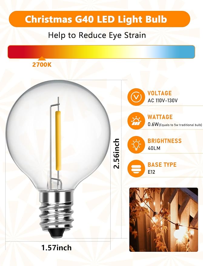 G40 LED Replacement Bulbs, 1.57 Inch Shatterproof Plastic Bulbs 0.6 Watt - Image 2