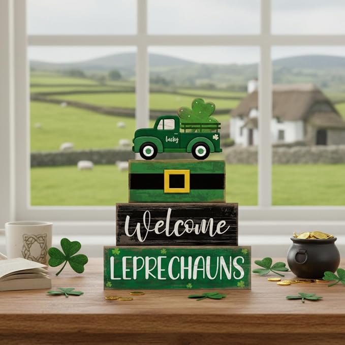 Lineshading 4 Pcs St Patricks Day Table Decor Leprechaun Wooden Stacked Blocks - Image 8