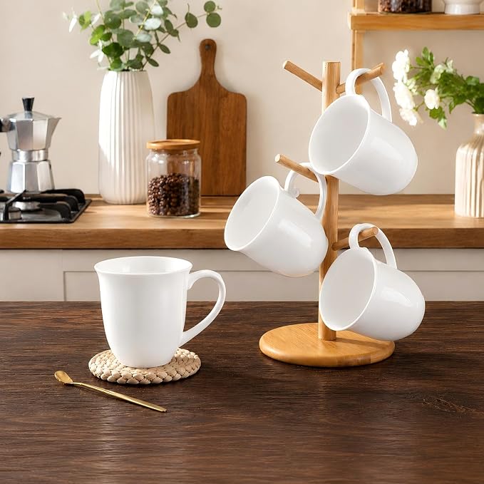 Fine Bone China Coffee Mugs Set of 4, 13 Oz White Tea Cups - Image 6