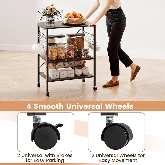 Giantex Kitchen Bakers Rack 3-Tier Microwave Cart on Wheels, Industrial Utility - Image 6