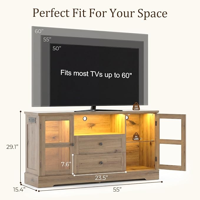 55 Inch Buffet Cabinet with Power Outlets, Coffee Bar with 2 Drawers, RGB LED - Image 2