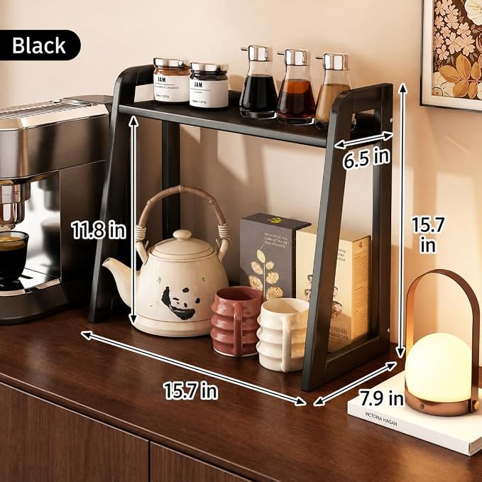 Natural Bamboo Coffee Station Organizer, 2-Tier Wooden Kitchen Counter Shelf - Image 3