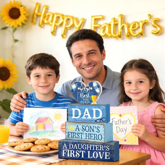 Lineshading 4 Pcs Fathers Day Table Decorations Wooden Blue Heart Trophy Decor - Image 4