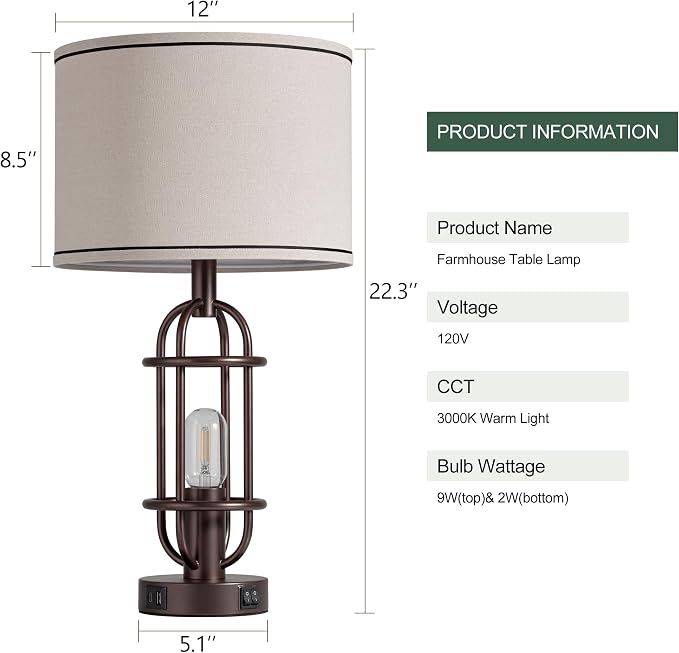 Reaketon Living Room Lamps Set of 2, 22.3" Farmhouse Table Lamp - Image 8