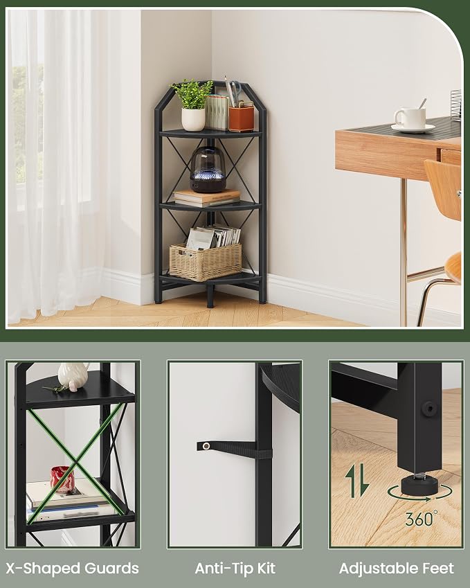CHOEZON 3-Tier Corner Shelf, Industrial Corner Bookshelf, 35.4" Storage Stand - Image 4