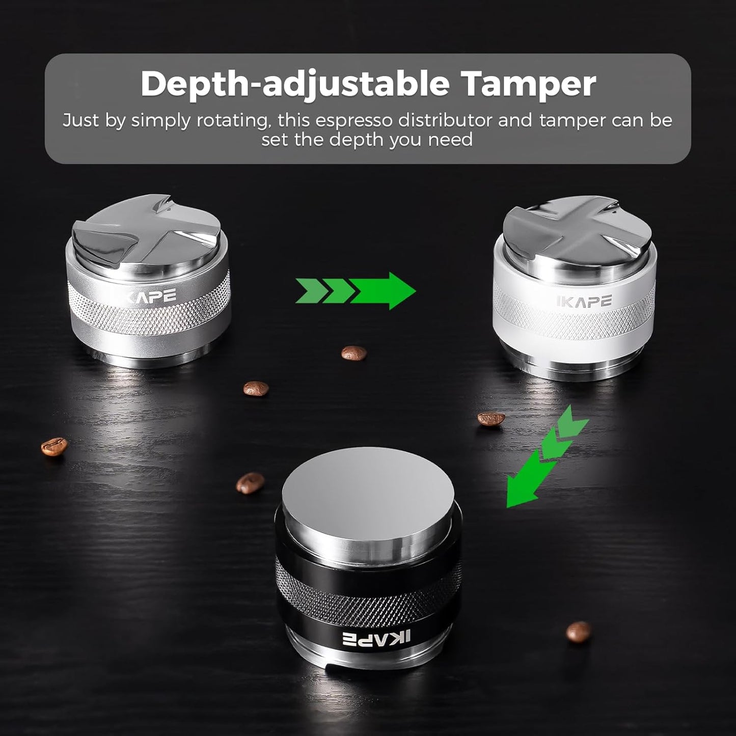 IKAPE Coffee Products, 53mm Coffee Distributor & Hand Tamper, Adjustable Depth Espresso Distributor Fits All 53mm Espresso Portafilter, Compatible with 54MM Breville Bottomless Portafilter (Silver)