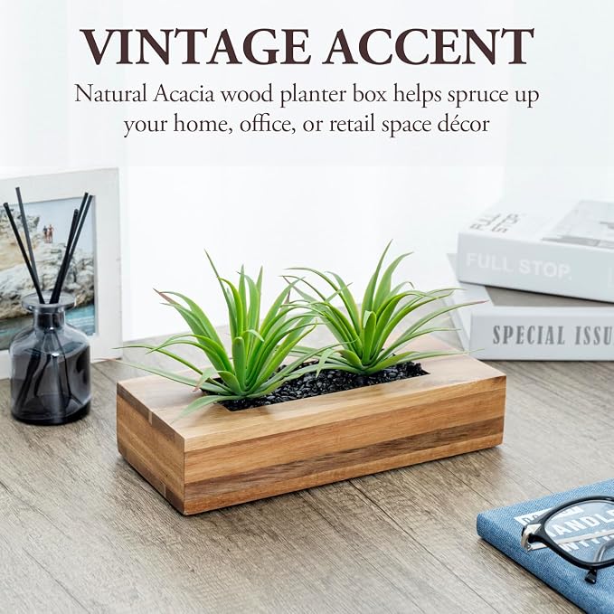 MyGift 10 Inch Artificial Green Grass Plants in Deluxe Acacia Solid Wood - Image 3