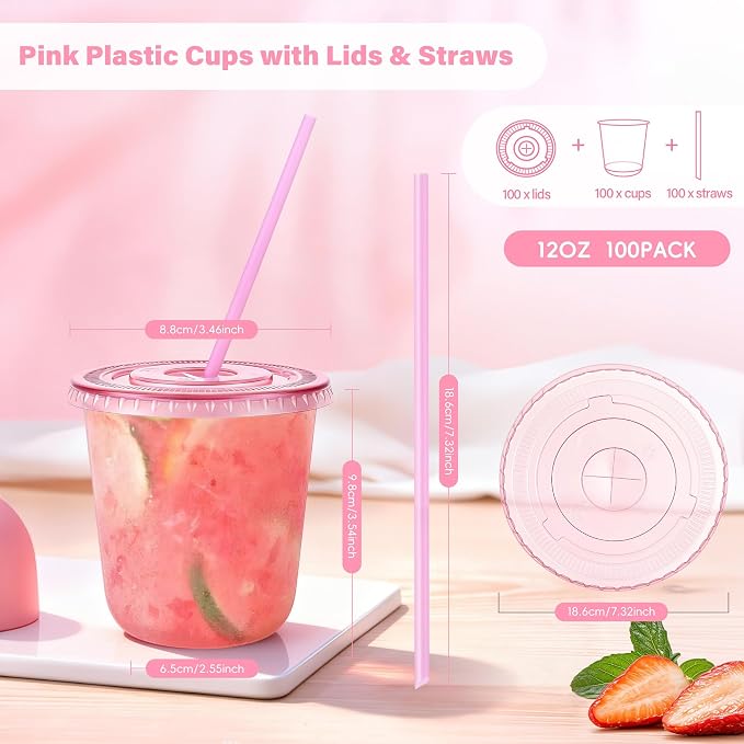 tchrules 100 Set 12oz Pink Plastic Cups - Image 2