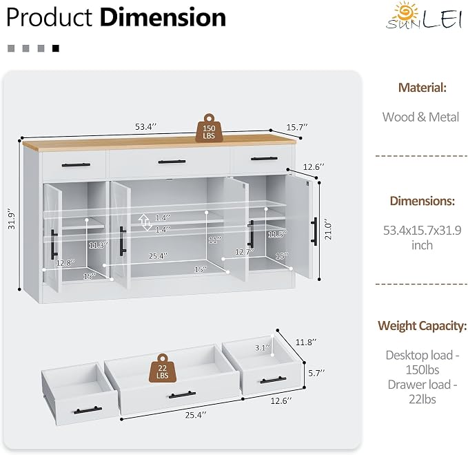 SUNLEI Buffet Cabinet with Storage, Sideboard Small Storage Cabinet with - Image 2