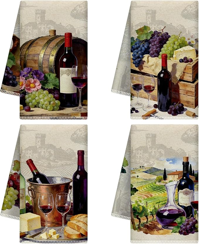 CUTHOLLOW Red Wine and Grapes Pattern Decorative Kitchen Towels Set of 4 by CUTHOLLOW