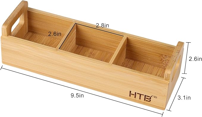HTB Small Tea Bag Holder Pack of 2, Bamboo Tea Organizer 3 Compartments - Image 2