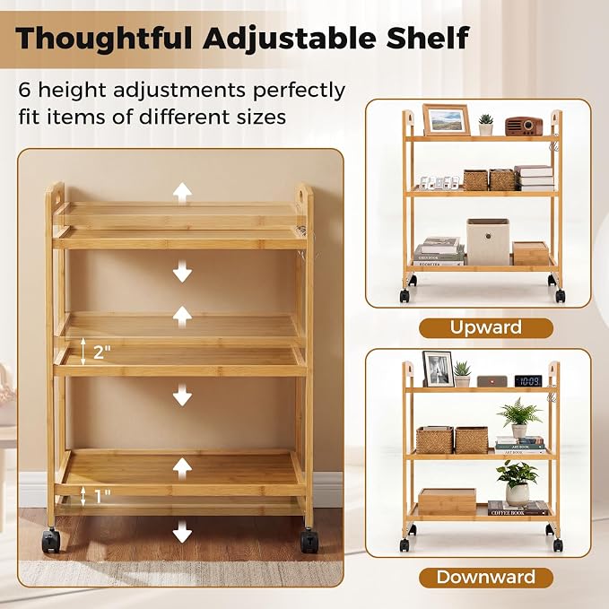 Giantex 3-Tier Rolling Storage Cart, Bamboo Utility Cart w/ 3 Side Hooks & - Image 5