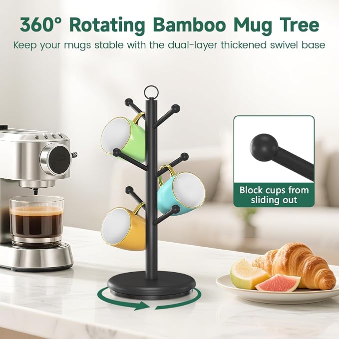 EsLuker.ly Mug Holder Tree Bamboo 360° Rotating Coffee Cup Display Rack - Image 3