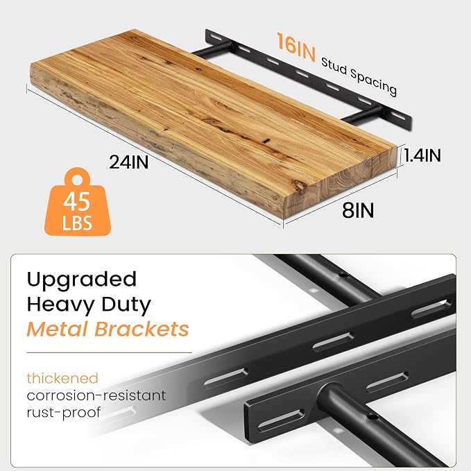 Fun Memories 24Inch Floating Shelves Set of 2, Rustic Solid Elm Wood Live Edge - Image 3