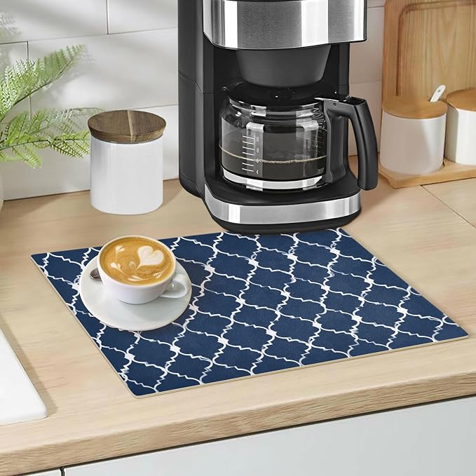 Navy Blue Quatrefoil Geometric Coffee Mat Coffee Bar Maker Backed Absorbent - Image 5