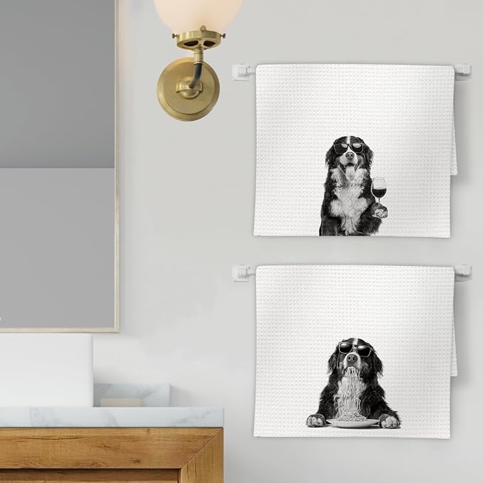 Bernese Mountain Dog Gifts Wine Kitchen Towels Set of 2, Funny Bernese Mountain - Image 2