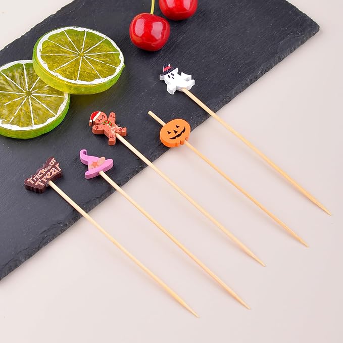 Halloween 100pcs Cocktail picks Bamboo Handmade Sticks Wooden Toothpicks - Image 5