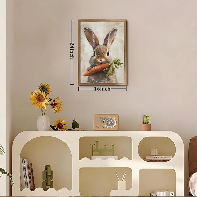 JQ7OL Vintage Wall Art Wood Framed Easter Rabbit Canvas Painting Picture Spring - Image 3