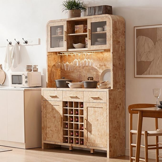 77" Tall Wine Bar Cabinet with Storage Hutch and 3 Drawers, Coffee Bar Cabinet - Image 6