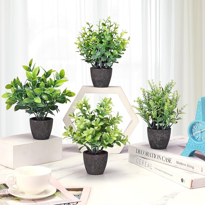 FAVOWREATH 4 Pack Fake Plants Ceramic Mini Artificial Greenery Potted Plants - Image 2