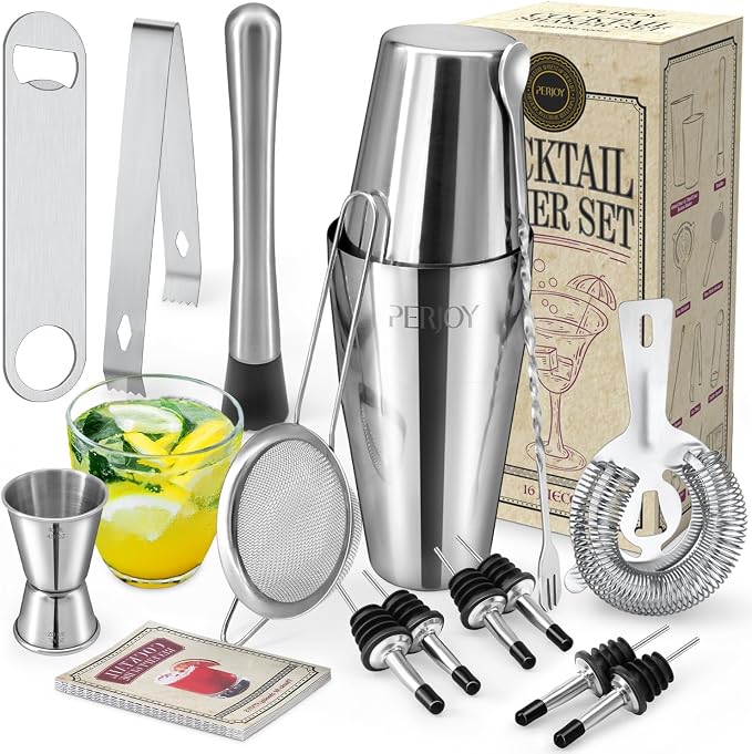 Cocktail Shaker Set, 16 Piece Bartender Kit, Cocktail Shaker, Stainless Steel by Perjoy