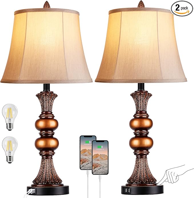 Set of 2 Touch Control Traditional Table Lamp, 3-Way Dimmable Bronze Finish by PARTPHONER