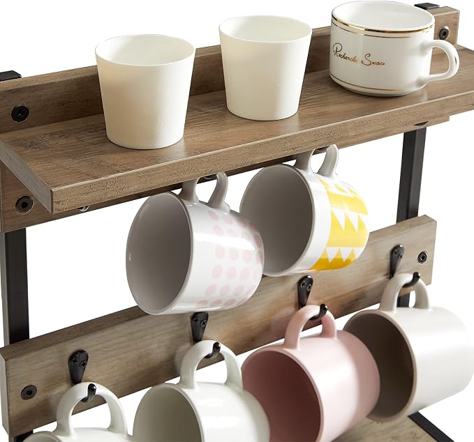 IBUYKE Rustic Coffee Mug Holder Stand, 2 Tier Countertop Mug Tree Holder Rack - Image 5