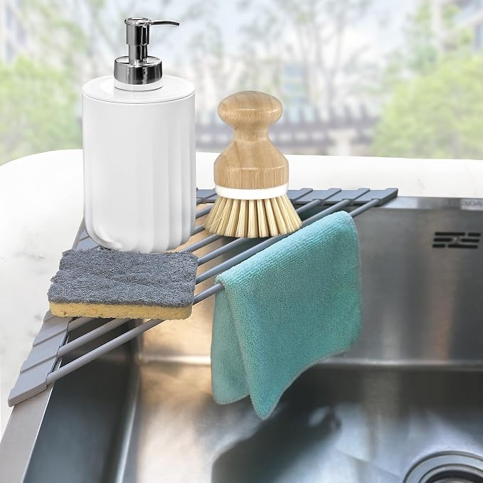 Corner Sink Caddy Kitchen Sink Organizer, Silicone Wrapped Triangle Roll Up by SeropyDirect