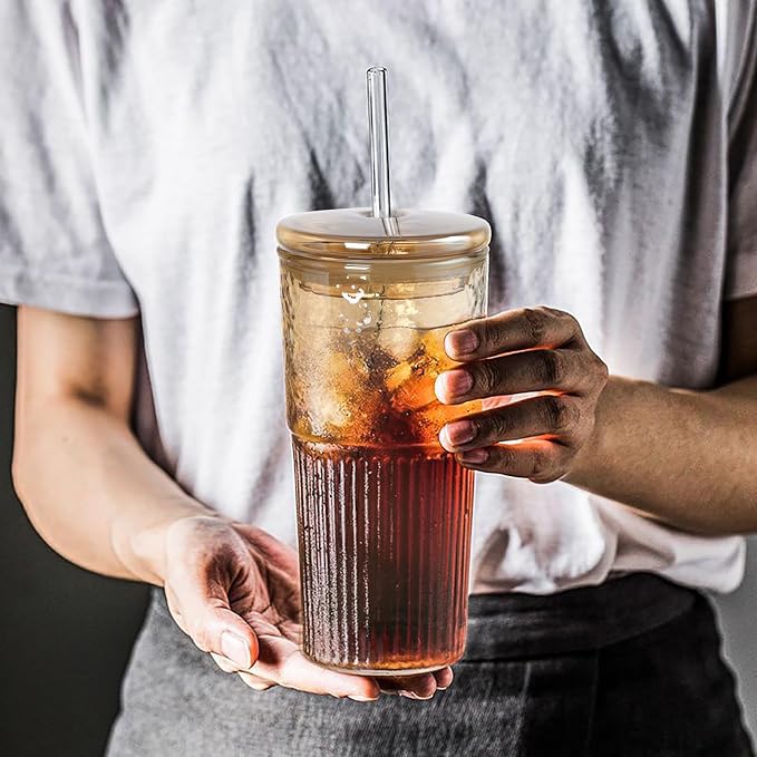 JunVpic Glass Cups with Lids and Straws, Amber 20 OZ Iced Water Glasses Tumblers - Image 5