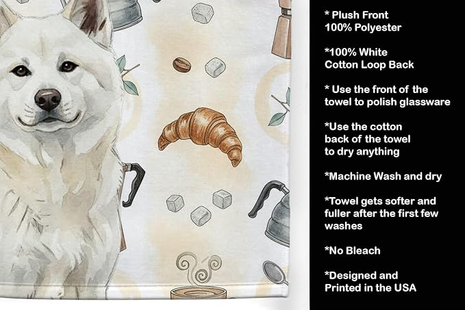 Caroline's Treasures White Akita Coffee Bar Kitchen Towel Velour Plush Front - Image 4