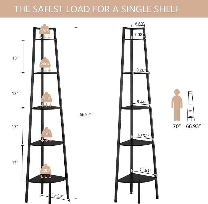 Hoctieon Corner Shelf, 5-Tier Corner Bookshelf, Rustic Ladder Shelf, Industrial - Image 2