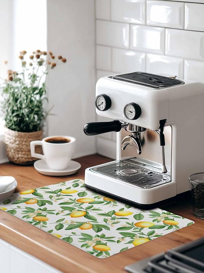 Lemon with Coffee Mat Green Leaves Flowers Absorbent Bar Mat - Image 9