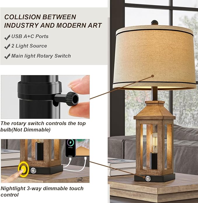G-SAFAVA 23.75" Farmhouse Table Lamps USB A+C Charging Ports 3-Way Dimmable - Image 5