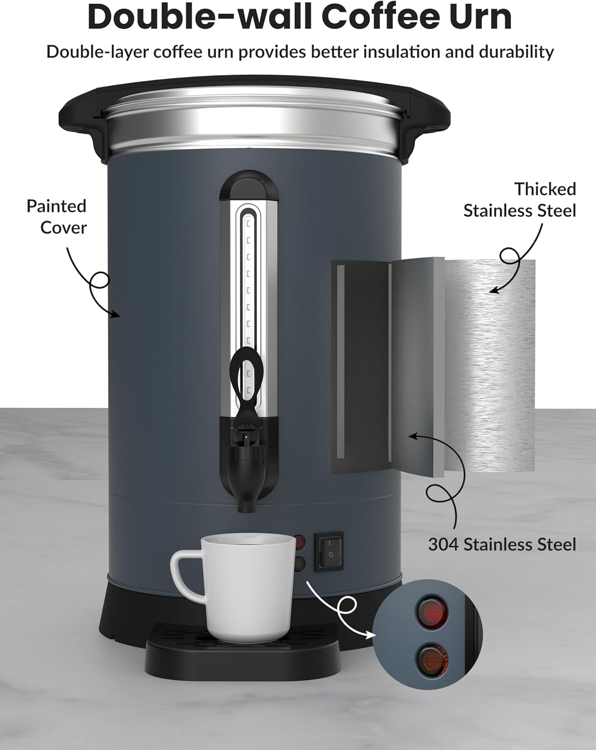 80 Cups Coffee Urn,12L Gallon Double Wall Commerical Coffee Maker for Buffet Catering Wedding Gathering,Large Capacity Hot Coffee Dispenser,Stainless Steel Hot Water Urn