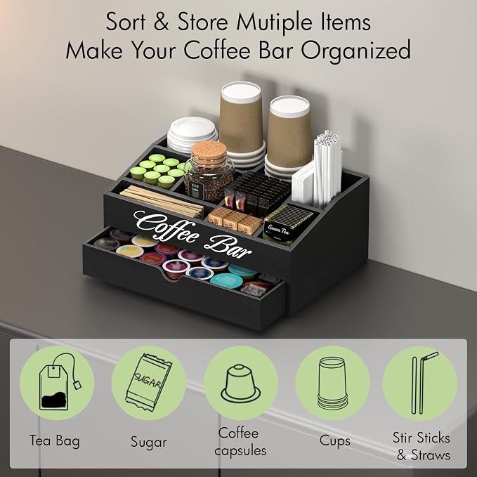 Suli Coffee Bar Station Organizer, Extra Large Wooden Countertop Pods Holder - Image 2