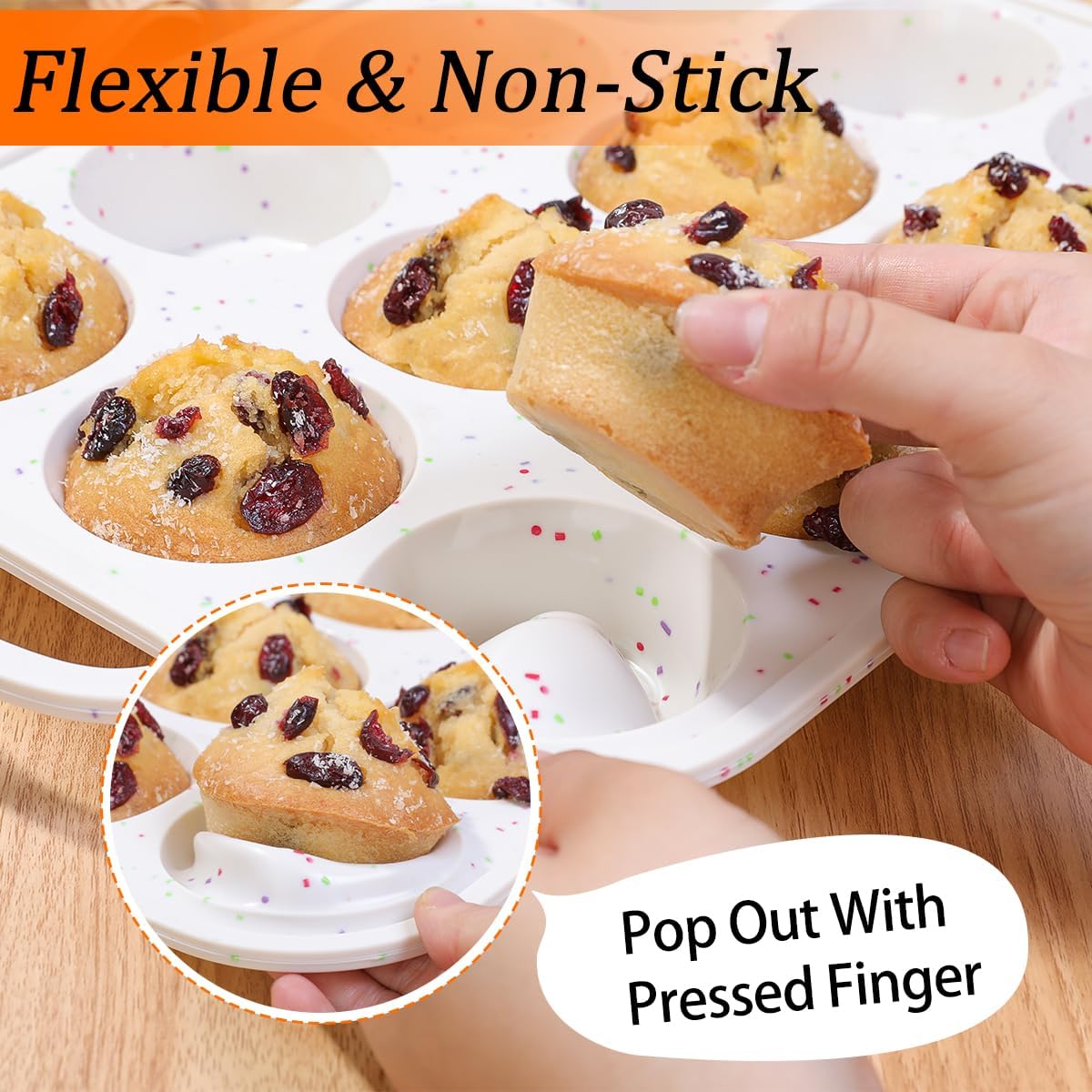 Silicone Muffin Pan, Metal Reinforced Frame Regular Size 2.8 Inch Cupcake Pan with Handle 12 Cups Nonstick Muffin Tray for Baking BPA Free 1 Pack Confetti