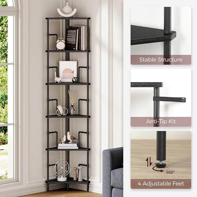 MAHANCRIS 65" Corner Shelf, 6-Tier Industrial Corner Bookshelf - Image 3